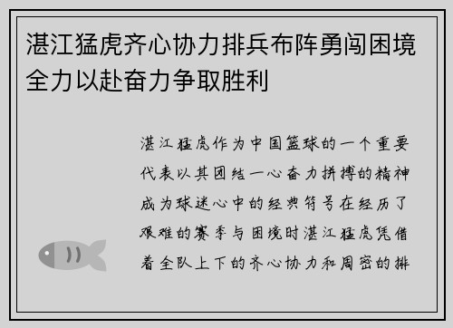 湛江猛虎齐心协力排兵布阵勇闯困境全力以赴奋力争取胜利