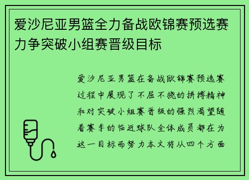 爱沙尼亚男篮全力备战欧锦赛预选赛力争突破小组赛晋级目标