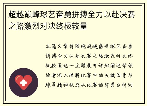 超越巅峰球艺奋勇拼搏全力以赴决赛之路激烈对决终极较量