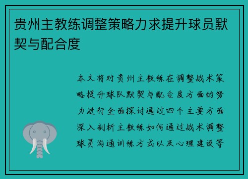 贵州主教练调整策略力求提升球员默契与配合度