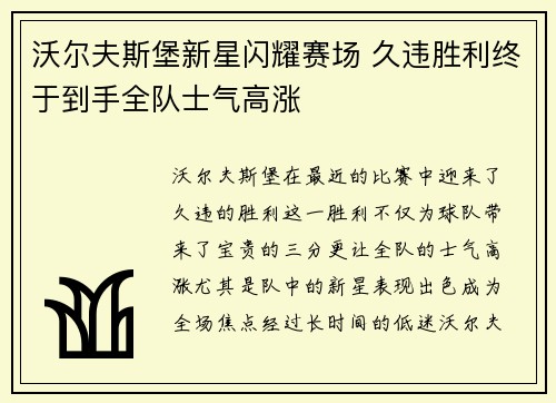 沃尔夫斯堡新星闪耀赛场 久违胜利终于到手全队士气高涨
