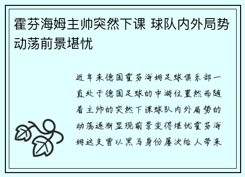 霍芬海姆主帅突然下课 球队内外局势动荡前景堪忧