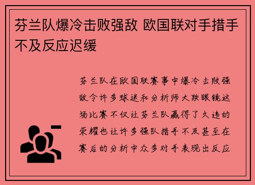 芬兰队爆冷击败强敌 欧国联对手措手不及反应迟缓