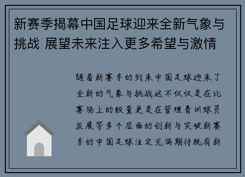新赛季揭幕中国足球迎来全新气象与挑战 展望未来注入更多希望与激情